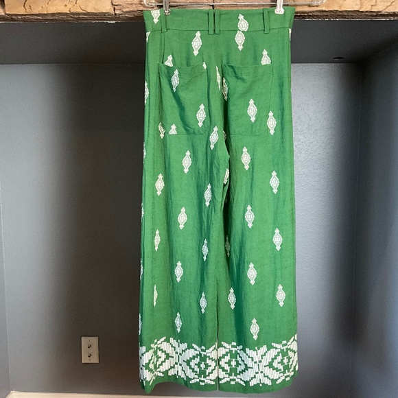 Zara Linen Embroidered Wide Leg Pants Lounge Travel Resortwear Green White S - Picture 6 of 10